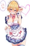  1girl alternate_breast_size alternate_costume anger_vein angry apron blonde_hair blue_dress blush breasts cleavage commentary_request cropped_legs detached_collar dress enmaided eyebrows_visible_through_hair fangs frilled_apron frilled_dress frills hair_between_eyes haruki_(haruki678) heart heart_background highres idolmaster idolmaster_shiny_colors large_breasts lifted_by_self maid maid_apron maid_headdress name_tag nose_blush plaid plaid_dress puffy_short_sleeves puffy_sleeves purple_eyes ribbon saijou_juri short_hair short_sleeves solo spoken_anger_vein sweat tears thighhighs tsurime v-shaped_eyebrows waist_apron white_apron white_background wrist_cuffs zettai_ryouiki 