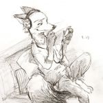  anthro barefoot bottomwear canid canine clothed clothing disney fox fully_clothed headphones holding_object mammal monochrome nick_wilde noko_ume pants pillow red_fox shirt sitting smile solo topwear zootopia 