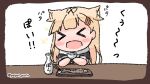  &gt;_&lt; 1girl black_ribbon black_serafuku blonde_hair blush_stickers choko_(cup) commentary_request cup expressive_hair facing_viewer fish hair_flaps hair_ornament hair_ribbon hairclip kantai_collection long_hair plate poi remodel_(kantai_collection) ribbon sattsu saury scarf school_uniform serafuku smile solo sparkle tokkuri twitter_username upper_body white_scarf yuudachi_(kantai_collection) 