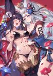  animal_ears bangs bare_shoulders bell blush breasts erune fox_ears fox_tail granblue_fantasy hair_bell hair_ornament highres jingle_bell large_breasts long_hair looking_at_viewer navel oyu_(sijimisizimi) silver_hair smile socie_(granblue_fantasy) tail thighs yuel_(granblue_fantasy) 