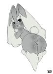  2019 anthro big_butt black_and_white blush breasts butt curvy_figure digital_media_(artwork) english_text female fur hi_res humanoid lagomorph lopunny mammal monochrome nintendo nude open_mouth pok&eacute;mon pok&eacute;mon_(species) pussy saltyxodium signature simple_background smile solo solo_focus text thick_thighs video_games white_background wide_hips 