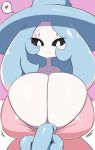  &lt;3 2019 big_breasts black_sclera blush bouncing_breasts breasts female hatterene hi_res huge_breasts humanoid long_neck looking_down nintendo pink_background pok&eacute;mon pok&eacute;mon_(species) shirt_pull simple_background smile solo sugaru tentacles video_games white_body white_eyes white_skin 