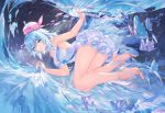  1girl artist_name atdan bare_arms bare_legs bare_shoulders blue_eyes blue_hair closed_mouth dress fang fish haiyi halter_dress hat high_heels holding jellyfish looking_at_viewer revision short_hair sleeveless sleeveless_dress smile solo synthesizer_v thighs water white_dress 