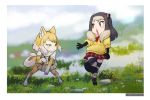  2girls absurdres animal_ears black_hair blonde_hair blurry blurry_background blush closed_mouth dated fox_ears fox_girl fox_tail fur_collar gloves green_eyes highres kemono_friends long_hair looking_at_another multicolored_hair multiple_girls open_mouth photo-referenced pleated_skirt red_skirt roonhee short_sleeves sidelocks skirt standing tail thighhighs tibetan_sand_fox_(kemono_friends) two-tone_hair vest white_hair 