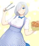 1girl 3toshinhmkz alternate_costume apron basket blue_apron blue_eyes blue_neckwear bow bowtie bread commentary_request cowboy_shot food gingham gingham_apron hair_ornament hair_over_one_eye hairclip hamakaze_(kantai_collection) highres kantai_collection kobeya koubeya_uniform looking_at_viewer shirt short_hair short_sleeves silver_hair smile solo tongs two-tone_background waitress white_shirt 