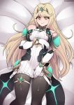  1girl ahegaokami areolae artist_request bangs bed bed_sheet blonde_hair breasts elbow_gloves eyebrows_visible_through_hair gem gloves hair_ornament headpiece hikari_(xenoblade_2) jewelry large_breasts long_hair looking_at_viewer nervous shy solo spirit_(super_smash_bros.) super_smash_bros. swept_bangs thighhighs tiara very_long_hair xenoblade_(series) xenoblade_2 yellow_eyes 