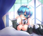  1girl absurdres blue_eyes blue_hair breasts cleavage closed_mouth detached_sleeves eyebrows_visible_through_hair hair_ornament hair_ribbon highres large_breasts looking_at_viewer lying maid_headdress on_bed on_stomach one_eye_closed pillow pink_ribbon re:zero_kara_hajimeru_isekai_seikatsu rem_(re:zero) renka_(3942446) ribbon short_hair solo white_pillow x_hair_ornament 