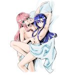  2girls absurdres arm_behind_head arm_support armpits blue_hair breasts cheek_rest green_eyes highres kazanari_tsubasa long_hair looking_at_viewer maria_cadenzavna_eve medium_breasts multiple_girls pink_hair senki_zesshou_symphogear smile topturtling white_background yuri 