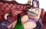  1girl 55level absurdres arms_under_breasts bangs bare_shoulders blush bottle bra breasts choker cleavage closed_mouth clothes_writing collarbone couch crossed_arms cushion fate/grand_order fate_(series) highres large_breasts long_hair looking_at_viewer low-tied_long_hair minamoto_no_raikou_(fate/grand_order) navel parted_bangs purple_hair rope sake_bottle sheath short_shorts shorts smile solo sports_bra thighs underwear very_long_hair white_bra 