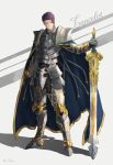  1boy armor artist_name bangs blue_cape cape character_name commentary_request fate/grand_order fate_(series) full_body gauntlets highres holding holding_sword holding_weapon lancelot_(fate/grand_order) male_focus purple_eyes purple_hair ritu_kotokai short_hair shoulder_armor solo standing sword weapon 