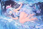  1girl artist_name atdan bare_arms bare_legs bare_shoulders blue_eyes blue_hair closed_mouth dress fang fish haiyi halter_dress hat high_heels holding jellyfish looking_at_viewer short_hair sleeveless sleeveless_dress smile solo synthesizer_v thighs water white_dress 