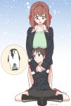  2girls bangs bike_shorts black_footwear black_shorts blue_background blue_jacket boots breast_rest breasts breasts_on_head brown_eyes brown_hair commentary crossed_arms ei_(akinosakae) emperor_penguin facing_viewer girls_und_panzer gradient gradient_background green_shirt headband hug hug_from_behind imagining isobe_noriko jacket kneeling kondou_taeko light_frown long_sleeves looking_at_another looking_down looking_to_the_side medium_hair military military_uniform multiple_girls ooarai_military_uniform open_clothes open_jacket open_mouth red_headband red_shorts shirt short_hair short_shorts shorts sitting smile snow thought_bubble twitter_username uniform zipper 