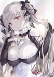  1girl absurdres azur_lane bangs bare_shoulders between_breasts black_dress black_nails blush breasts cleavage dress earrings eyebrows_visible_through_hair formidable_(azur_lane) frilled_dress frills grey_hair hair_ribbon hand_in_hair highres jewelry large_breasts long_hair long_sleeves looking_at_viewer red_eyes ribbon rigging saya_(mychristian2) solo twintails two-tone_dress two-tone_ribbon upper_body very_long_hair 