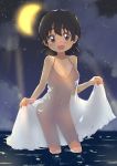  1girl absurdres blush breasts brown_hair bural_chingu cleavage dress eyebrows highres looking_at_viewer night open_mouth outdoors purple_eyes see-through seong_mi-na_(bural_chingu) short_hair skirt_hold small_breasts smile solo sundress tareme wading water white_dress wweed 