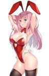  1girl alternate_costume animal_ears aqua_eyes armpits arms_up bangs black_legwear blackheartxiii blunt_bangs blush bow bowtie breasts bunny_ears bunny_tail bunnysuit cleavage covered_navel cowboy_shot darling_in_the_franxx eyebrows_visible_through_hair fake_animal_ears fake_tail hairband hands_in_hair heart_cutout highres horns long_hair looking_at_viewer medium_breasts parted_lips pink_hair red_neckwear simple_background solo straight_hair sweat tail thighhighs thighs white_background zero_two_(darling_in_the_franxx) 