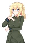  1girl arm_under_breasts bangs blue_eyes blush breast_hold breasts closed_mouth collared_dress commentary_request dress eyebrows_visible_through_hair green_dress hair_between_eyes hand_up highres kurigura_(sketch_san) large_breasts long_hair long_sleeves looking_at_viewer military military_uniform original ponytail sidelocks simple_background smile solo uniform white_background 