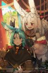  1boy 1girl :d animal_ear_fluff animal_ears aqua_hair artist_name bangs bare_shoulders black_capelet black_gloves blush bow braid brown_gloves bunny_ears capelet character_request collarbone comb commentary dragalia_lost dress ear_piercing english_commentary eyebrows_visible_through_hair fang gloves green_eyes hair_between_eyes hair_bow halterneck hentaki highres holding holding_comb holding_scissors jacket long_hair long_sleeves luca_(dragalia_lost) off_shoulder open_clothes open_jacket open_mouth parted_bangs parted_lips piercing pink_jacket puffy_long_sleeves puffy_sleeves red_bow red_eyes scissors smile sparkle watermark web_address white_dress white_hair 