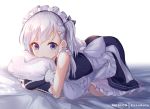  1girl :t apron azur_lane b_b_b_b66 bangs belchan_(azur_lane) belfast_(azur_lane) blue_eyes blush braid breasts dress elbow_gloves frills gloves long_hair looking_at_viewer maid maid_headdress one_side_up pillow pillow_hug ribbon silver_hair solo white_gloves younger 