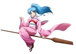  1girl blue_hair botan_(yuu_yuu_hakusho) flying full_body furisode high_ponytail japanese_clothes kimono langrisser long_hair long_sleeves oar obi object_riding official_art ponytail sandals sash sidelocks simple_background solo white_background wide_sleeves yuu_yuu_hakusho 