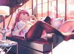  1girl absurdres bangs black_legwear blush breasts candy collared_shirt eyebrows_visible_through_hair food girls_frontline hair_ribbon half_updo highres holding holding_food huge_filesize indoors inpamas large_breasts lollipop long_hair looking_at_viewer one_side_up pantyhose purple_hair reclining red_eyes ribbon shirt solo very_long_hair wa2000_(girls_frontline) white_shirt window 