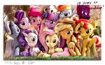  3d_(artwork) absurd_res applejack_(mlp) blonde_hair blue_eyes broken_horn clothing cowboy_hat crossed_legs cutie_mark derpy_hooves_(mlp) digital_media_(artwork) earth_pony equestria_girls equid equine eye_scar feathered_wings feathers feral fluttershy_(mlp) freckles friendship_is_magic green_eyes group hair hat headgear headwear hi_res horn horse looking_at_viewer mammal multicolored_hair my_little_pony one_eye_closed open_mouth open_smile outside pink_hair pinkie_pie_(mlp) pony pterippus purple_eyes purple_hair rainbow_dash_(mlp) rainbow_hair rarity_(mlp) red_eyes scar smile starlight_glimmer_(mlp) sunset_shimmer_(eg) trixie_(mlp) twilight_sparkle_(mlp) unicorn upside_down whiteskyline winged_unicorn wings wink yellow_eyes 