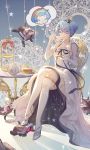  1girl bangs bare_shoulders blue_hair cake chinese_commentary collarbone commentary_request crossed_legs cup dinergate_(girls_frontline) dress emurina eyebrows_visible_through_hair food full_body girls_frontline gloves hair_between_eyes hair_ornament hairband high_heels highres holding holding_cup long_dress looking_at_viewer purple_eyes ribbon short_hair sitting sleeveless sleeveless_dress smile speech_bubble table tagme teacup teapot thighhighs white_dress white_gloves white_legwear white_ribbon zas_m21_(girls_frontline) 