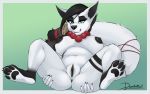  2019 4_toes anthro areola asami_(skaii-flow) black_hair black_nipples border breasts canid canine doggomeatball female gradient_background grin hair hi_res long_hair looking_at_viewer mammal nipples pussy simple_background smile solo spread_legs spreading toes white_border 