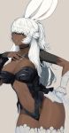  1girl accio animal_ears beige_background black_choker bunny_ears choker dark_skin final_fantasy final_fantasy_xiv fingernails green_eyes green_nails hand_on_hip long_hair navel parted_lips sharp_fingernails simple_background sketch thighhighs viera white_hair work_in_progress 