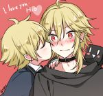  2boys blonde_hair blush cheek_kiss choker closed_eyes closed_mouth cubi_(vocaloid) kiss looking_at_another male_focus mizuhoshi_taichi multiple_boys oliver_(vocaloid) one_eye_closed red_background red_eyes sailor_collar simple_background tearing_up twitter_username upper_body vocaloid yohioloid 