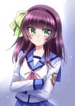  1girl angel_beats! blue_sailor_collar blue_skirt bow cowboy_shot crossed_arms green_eyes hair_bow hairband highres kaikai long_hair looking_at_viewer neck_ribbon pink_ribbon pleated_skirt purple_hair ribbon sailor_collar school_uniform serafuku shinda_sekai_sensen_uniform skirt smile solo yuri_(angel_beats!) 