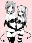  2girls alternate_costume bandeau bangs bikini bow bowtie breasts cleavage_cutout closed_mouth demon_horns demon_tail demon_wings detached_collar elbow_gloves eyebrows_visible_through_hair girls_und_panzer gloves greyscale hair_ribbon heart holding_hands horns light_blush long_hair medium_breasts monochrome multiple_girls navel nishizumi_miho one_side_up partially_colored petag2 pink_background ribbon shimada_arisu short_hair small_breasts smile strapless strapless_bikini striped striped_legwear swimsuit tail thighhighs wing_collar wings 