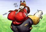  allysia_(killy) anthro belly big_belly big_breasts big_butt breasts butt canid canine clothing digital_media_(artwork) erect_nipples female fox hand_on_breast hi_res huge_breasts looking_at_viewer mammal nipples overweight overweight_female sharp_teeth simple_background smug teeth thick_thighs tight_clothing torn_clothing track_jacket wide_hips zaou 