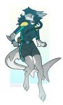  3_toes anthro black_hair brains breasts claws darbaras digitigrade female fin fish hair hi_res marine orange_eyes shark smile solo striped_body striped_skin stripes toe_claws toes wetsuit 