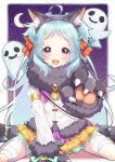  1girl :d absurdres ahoge animal_ear_fluff animal_ears bandaged_leg bandages bell between_legs black_footwear black_gloves black_hairband blue_hair bow commentary_request crescent_moon fake_animal_ears fang forehead fur-trimmed_gloves fur-trimmed_jacket fur_collar fur_trim ghost gloves hair_bow hairband hand_between_legs highres izumo_miyako jacket long_hair looking_at_viewer moon open_mouth orange_skirt paw_gloves paws pleated_skirt potemaro princess_connect! princess_connect!_re:dive purple_eyes red_bow sitting skirt smile solo striped striped_bow two_side_up very_long_hair wariza white_jacket 