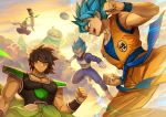  4boys above_clouds armor arms_at_sides aura backlighting bah_(dragon_ball) black_eyes black_hair blue_eyes blue_hair blurry bokeh boots broly_(dragon_ball_super) cape clenched_hand clothes_writing cloud cloudy_sky commentary crossed_arms crossed_legs depth_of_field dougi dragon_ball dragon_ball_super dragon_ball_super_broly dragon_ball_z english_commentary facial_scar fighting_stance floating flying from_side frown gloves gogeta gradient gradient_sky green_skin grey_sky grin jewelry libeuo_(liveolivel) light_rays looking_at_another male_focus monster multiple_boys muscle necklace open_mouth orange_sky outdoors pectorals piccolo pointy_ears profile red_eyes scar scar_on_cheek sharp_teeth sky smile son_gokuu space_craft spiked_hair sun sunlight sunset super_saiyan_blue teeth turban upper_body upper_teeth vegeta white_footwear white_gloves wristband 