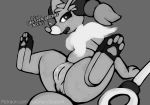  2019 4_toes anus blush bodily_fluids braixen brionne canid canine digital_media_(artwork) female feral fur genital_fluids hi_res hybrid looking_back mammal monochrome nintendo open_mouth pawpads paws pok&eacute;mon pok&eacute;mon_(species) pussy pussy_juice simple_background slit solo spread_legs spreading text toes tuft video_games visionaryserpent 