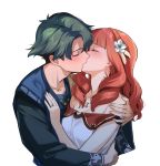  1boy 1girl alm_(fire_emblem) celica_(fire_emblem) closed_eyes dress earrings fire_emblem fire_emblem_echoes:_shadows_of_valentia flower green_hair hair_flower hair_ornament jewelry kiss long_hair long_sleeves misu_kasumi necklace red_hair ring short_hair simple_background upper_body white_background 