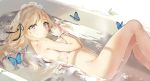  1girl absurdres ass banned_artist bathing bathtub blonde_hair breasts bug butterfly expressionless flower grey_eyes headdress highres insect long_hair looking_at_viewer lying medium_breasts navel nude on_back original own_hands_together sabet_(young_ouo) solo water wrist_cuffs 