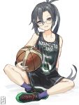  1girl alternate_costume amagiri_(kantai_collection) artist_logo asymmetrical_bangs bangs basketball basketball_uniform black_footwear black_shorts clothes_writing commentary_request full_body glasses grey_eyes grey_hair hair_between_eyes kantai_collection long_hair looking_at_viewer ponytail purple_legwear shoes shorts simple_background sitting smile sneakers socks solo sportswear sweat very_long_hair white_background yamashiki_(orca_buteo) 