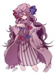  1girl blue_bow blue_ribbon bow bowtie capelet check_commentary commentary_request crescent crescent_moon_pin cropped_legs expressionless hair_bow hat hat_ribbon highres long_hair long_sleeves mob_cap patchouli_knowledge puffy_sleeves purple_eyes purple_hair red_bow red_neckwear red_ribbon ribbon robe signature simple_background solo touhou very_long_hair watermark white_background zabu_rou 