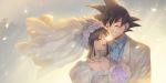  1boy 1girl :d ^_^ arms_at_sides backlighting bangs black_hair blunt_bangs blush bouquet bow bowtie breasts bridal_veil chi-chi_(dragon_ball) cleavage clenched_teeth close-up closed_eyes collarbone couple dragon_ball dragon_ball_(classic) dress flower formal gradient gradient_background hair_bun happy hetero hime_cut husband_and_wife jewelry libeuo_(liveolivel) light_particles light_rays medium_breasts necklace open_mouth pearl_necklace puffy_short_sleeves puffy_sleeves purple_flower purple_rose rose shiny shiny_hair short_sleeves side-by-side sidelocks smile son_gokuu spiked_hair suit sunlight teeth tree upper_body upper_teeth veil wedding_dress white_dress white_neckwear white_suit 