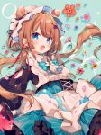  1girl :o ana_(rznuscrf) animal_ears blue_bow blue_eyes blue_neckwear blush bow bowtie brown_hair commentary corset eli_conifer flower frills green_background green_skirt hair_ribbon headdress long_hair long_sleeves looking_at_viewer nijisanji open_mouth petals puffy_sleeves red_ribbon ribbon simple_background skirt solo twintails upper_body virtual_youtuber 