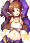 1girl ;d arms_up belt black_choker breasts brown_hair choker collarbone eyebrows_visible_through_hair highres idolmaster idolmaster_cinderella_girls jacket jewelry looking_at_viewer ment navel necklace one_eye_closed open_clothes open_jacket open_mouth short_hair small_breasts smile solo star starry_background takamori_aiko white_background yellow_eyes 