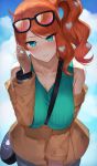  1girl akitaka_akita breasts cleavage closed_mouth collarbone commentary_request eyewear_on_head highres large_breasts looking_at_viewer orange_hair pokemon pokemon_(game) pokemon_swsh ribbed_sweater short_hair side_ponytail smile solo sonia_(pokemon) sweater 