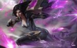  1girl afterimage black_hair blurry blurry_background bodysuit breasts cleavage collarbone facial_mark from_side kai&#039;sa league_of_legends lips long_hair looking_away looking_back medium_breasts motion_lines parted_lips purple_eyes raikoart revision running signature solo 