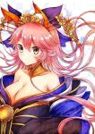  1girl animal_ear_fluff animal_ears bare_shoulders bell blue_kimono blue_ribbon breasts cleavage collarbone crown eyebrows_visible_through_hair fate/grand_order fate_(series) fox_ears fox_girl hair_ornament hair_ribbon highres japanese_clothes kimono large_breasts long_hair looking_at_viewer off_shoulder pink_hair ribbon soda_(sodachuxd) solo tamamo_(fate)_(all) tamamo_no_mae_(fate) very_long_hair yellow_eyes 