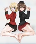  2girls bare_legs barefoot black_skirt blonde_hair blue_eyes blush braid breasts brown_eyes brown_hair closed_mouth darjeeling eyebrows_visible_through_hair feet feet_together footsies french_braid girls_und_panzer hair_between_eyes hands_together hat highres kuromorimine_military_uniform leenvidia looking_at_another looking_back lying medium_breasts military military_uniform multiple_girls nishizumi_maho on_side open_mouth red_skirt shiny shiny_hair shiny_skin short_hair simple_background skirt st._gloriana&#039;s_military_uniform thighs uniform yuri 