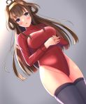  1girl alternate_costume blush breasts brown_hair double_bun gradient gradient_background groin hair_between_eyes hair_ornament hairband headgear highres impossible_clothes kantai_collection kongou_(kantai_collection) large_breasts long_hair looking_at_viewer open_mouth purple_eyes ribbed_sweater solo sweater thighhighs thighs toyomi_13 turtleneck_leotard 