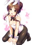  1girl :d animal_ears bare_shoulders black_legwear breasts brown_hair bunny_ears bunny_girl bunnysuit cleavage detached_collar highres idolmaster idolmaster_cinderella_girls kneeling looking_at_viewer ment open_mouth pantyhose short_hair small_breasts smile solo takamori_aiko yellow_eyes 