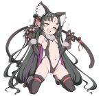  1girl animal_ear_fluff animal_ears animal_hands bangs bare_shoulders bell black_gloves black_hair black_legwear blush breasts cat_ears cat_tail claw_pose commentary_request cosplay covered_nipples double_bun elbow_gloves facial_mark fake_animal_ears fang fate/grand_order fate/kaleid_liner_prisma_illya fate_(series) forehead_mark full_body fur_collar gloves hair_ribbon heart highres illyasviel_von_einzbern illyasviel_von_einzbern_(cosplay) jingle_bell kneeling long_hair looking_at_viewer multicolored_hair open_mouth parted_bangs paw_gloves paw_shoes petite pink_hair revealing_clothes ribbon seductive_smile senbei_(avocadochaya) sesshouin_kiara sesshouin_kiara_(lily) skin_fang small_breasts smile streaked_hair tail thighhighs thighs very_long_hair wavy_hair white_background yellow_eyes 